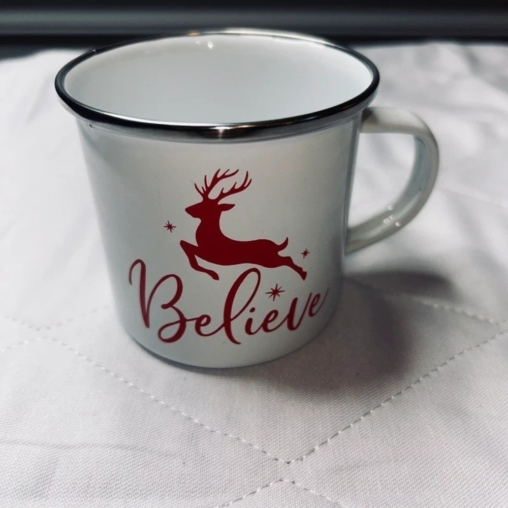 Christmas White Enamel Mug Believe Red Reindeer Holiday Cup